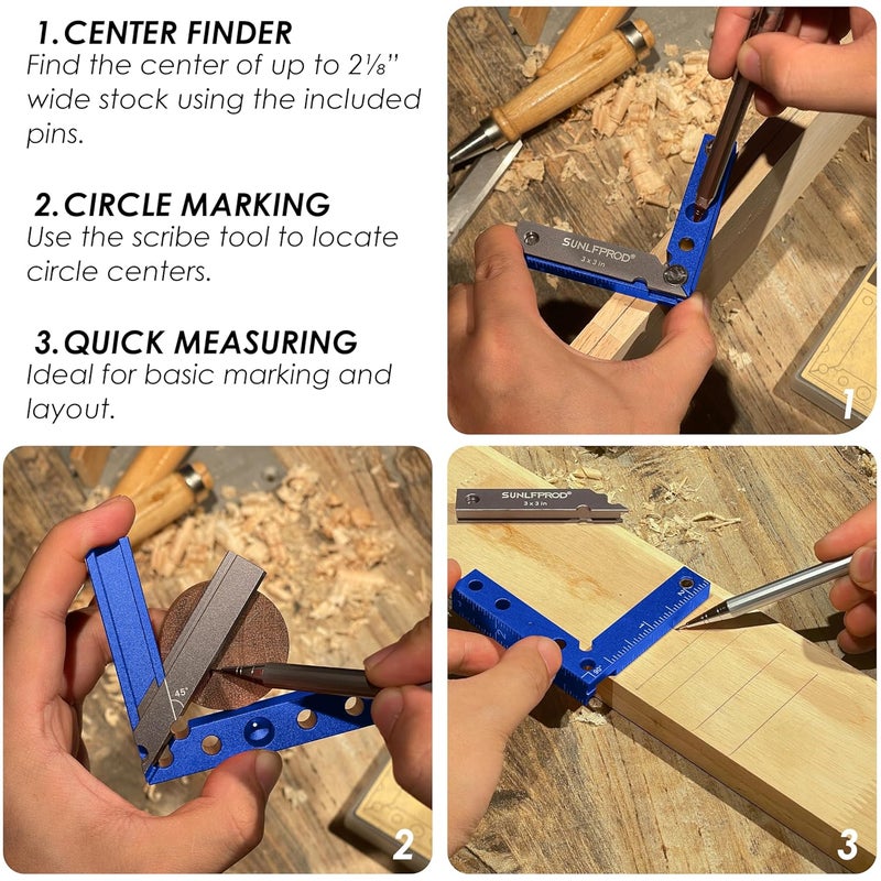 SUNLFPROD Mini Square Woodworking Center Finder 90 Degree Small Square Measuring Tool Woodworking Center Marking Tool Aluminum (Blue-Gray) - Image 5